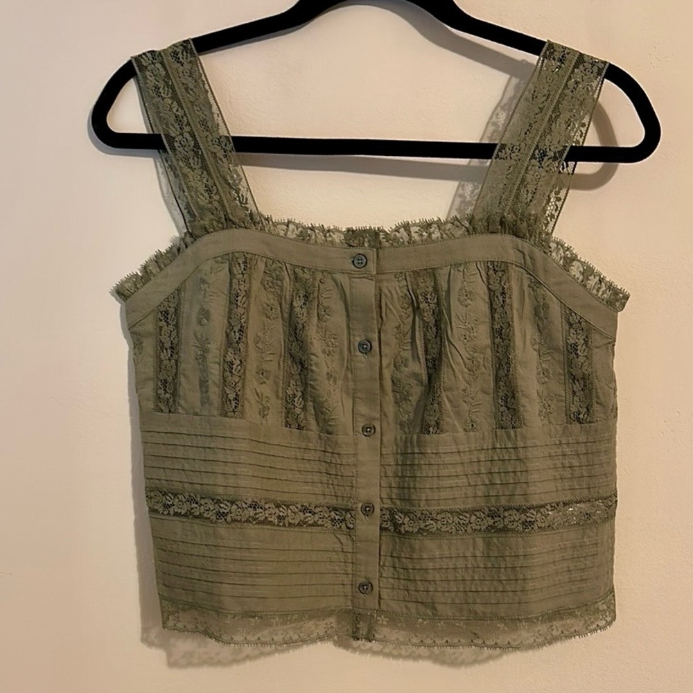 Sezane Shena Sage Cotton and Lace Embroidered Camisole Top - 36/4